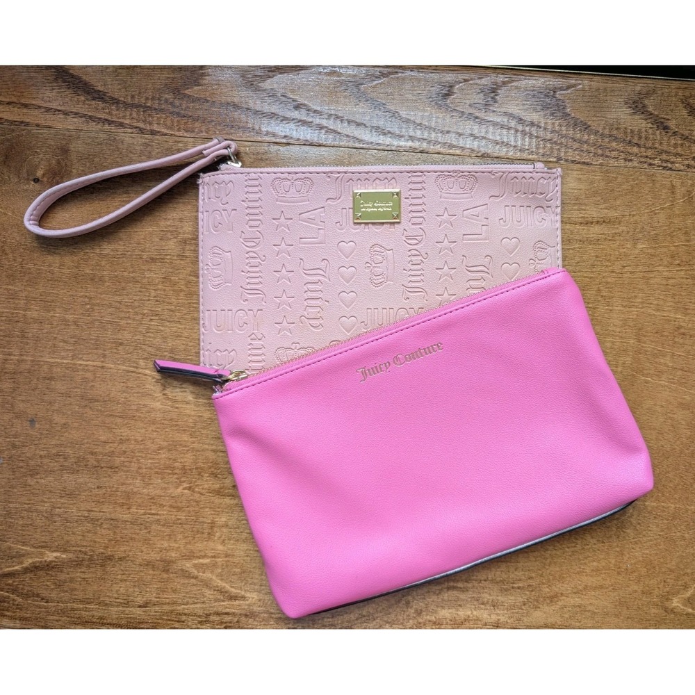 Juicy Couture Wallet & Cosmetic Bag Pink Embossed Set Makeup Travel